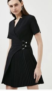 Karen Millen LBD notched neckline, buckles, pleated panel sz 8 New w/o tags